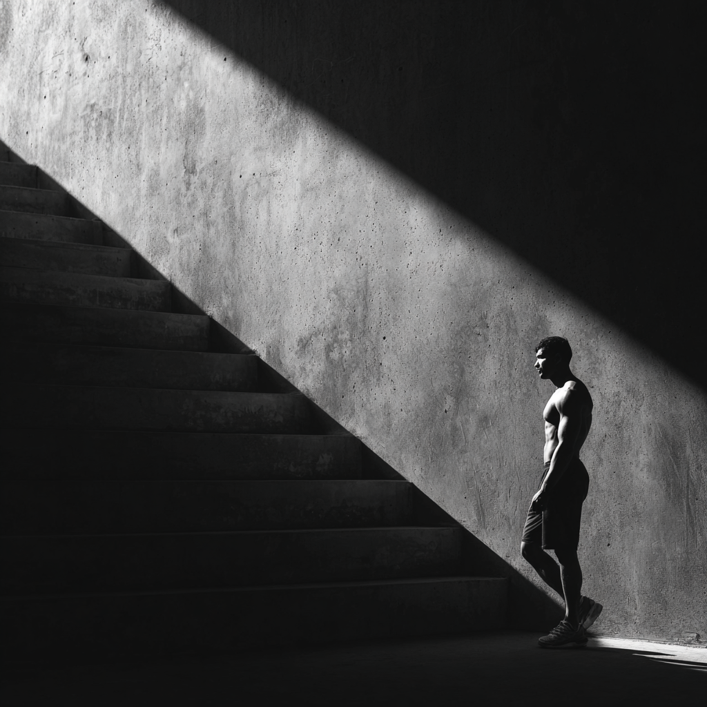 Black and white photo of a women performing modern dance on a dark background.